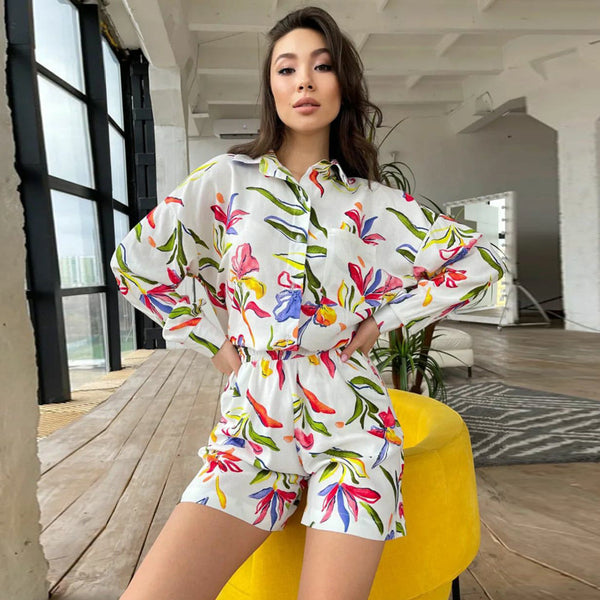 European and American large-size women's clothing fashion lapel cardigan shirt casual shorts   long-sleeved printing two-piece set women