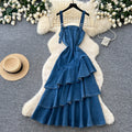 Korean style denim cami cake dress for women,  summer ruffle asymmetrical mermaid skirt, slimming and elegant