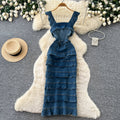 French romantic blue denim ruffle trim cami cake dress - women's summer square neck, slimming & chic