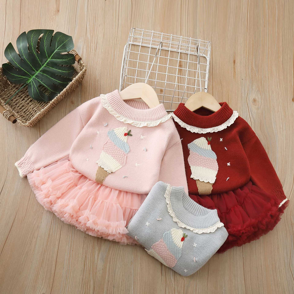 Girls' knit sweater set - new autumn/winter  collection: chic baby pullover with lace collar, long-sleeved base layer knitwear