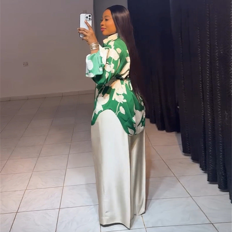 European and american style women's clothing  autumn new collection: sweet and fresh printed turn-down collar lantern sleeve blouse with high-waisted straight-leg pants two-piece set