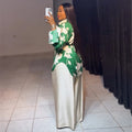European and american style women's clothing  autumn new collection: sweet and fresh printed turn-down collar lantern sleeve blouse with high-waisted straight-leg pants two-piece set
