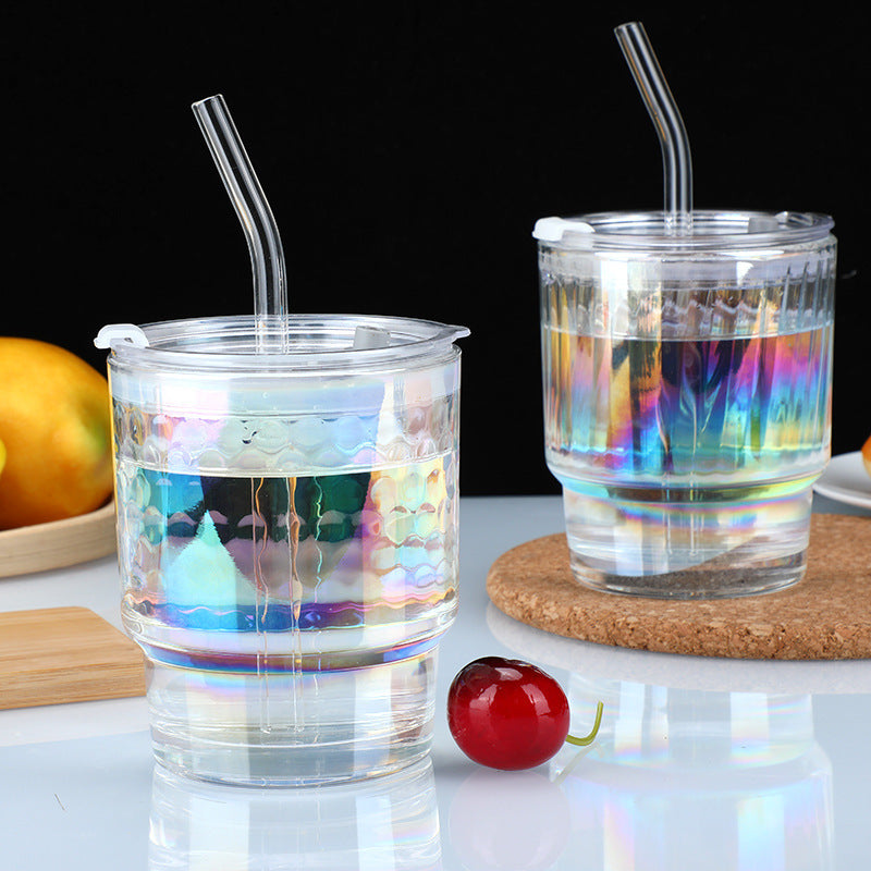 Trendy iridescent bamboo-style tumbler with airtight lid and straw - instagrammable, high-value glass water bottle - perfect for gifting