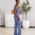 European and american cross-border women's fashion:  autumn/winter new collection - solid color sleeveless slant neck top and slim-fit high-waisted pants two-piece set
