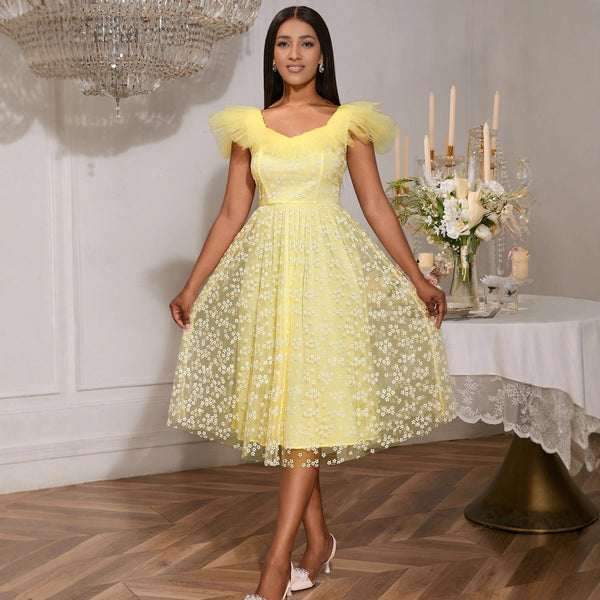 French romantic plum blossom mesh square neck dress, European and American elegant A pendulum waist party evening dress dress