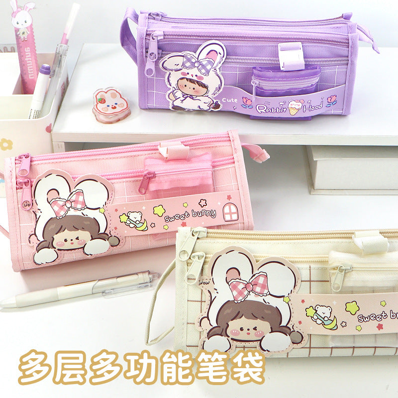 Large capacity multi-functional canvas pencil case ins high value school pencil case Japanese girls primary school students stationery bag
