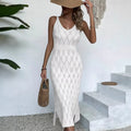 spring/summer new european and american style sexy hollow-out see-through vacation solid color backless knitted camisole maxi dress for women