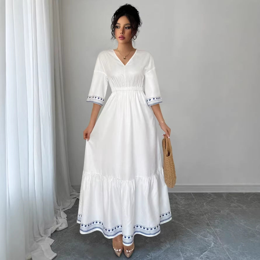 new cross-border v-neck lace trimmed waist elegant ruffle hem dress