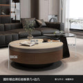 Travertine rock slab coffee table set for home living room, premium light luxury retro style, walnut color cabinet, round coffee table combination