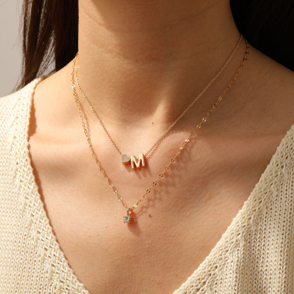 European and american cross-border fashion niche letter heart necklace, stylish and versatile metal diamond-studded layered choker for women