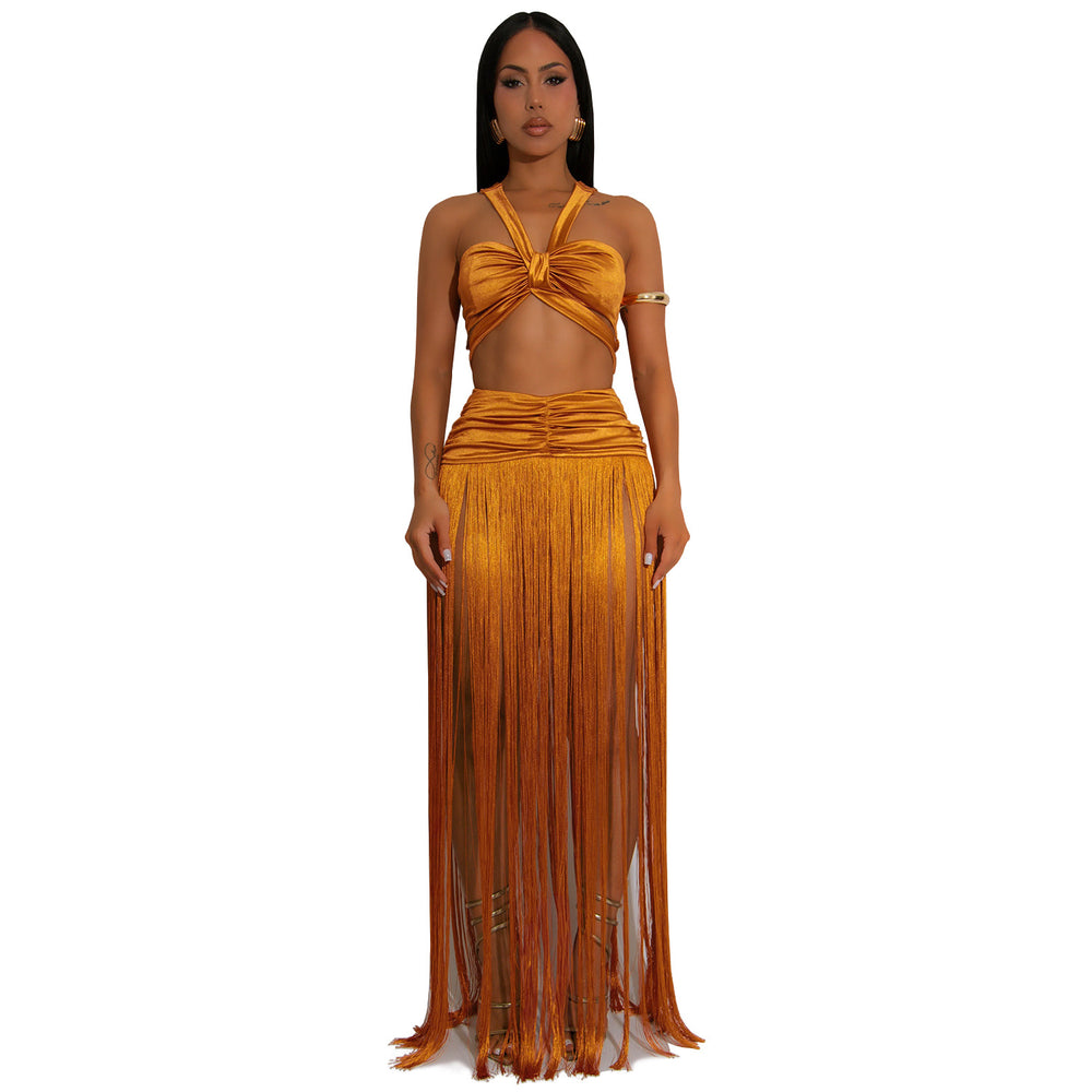 C7438 cross-border   fashion women's sexy strappy top and tassel maxi skirt two-piece set