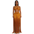 C7438 cross-border   fashion women's sexy strappy top and tassel maxi skirt two-piece set