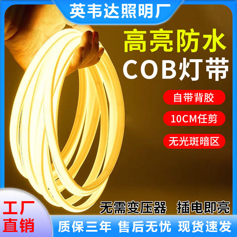Led strip lights 220v outdoor waterproof super bright self-adhesive linear lights for home living room ceiling ambient lighting cob