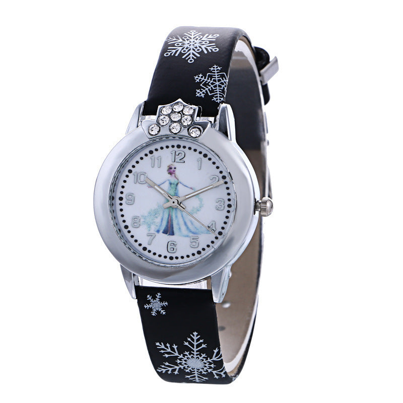 Frozen-themed cartoon fashion women's watch - trendy digital dial quartz watch with leather strap - white