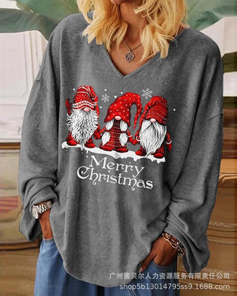 European and American autumn and winter new Christmas printing loose V-neck pullover large size long-sleeved T-shirt-APU7149