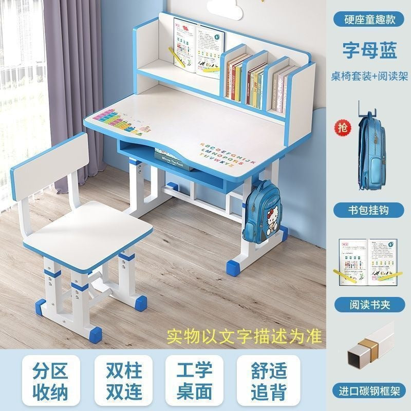Children's desk study table - adjustable height, writing desk, homework table and chair set with modern bookshelf - school desk and chair
