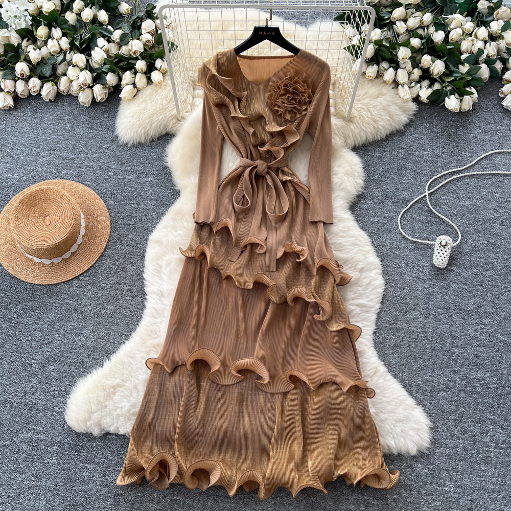 Miya european and american dress women's autumn  new fashion three-dimensional flower strap waist fungus long skirt