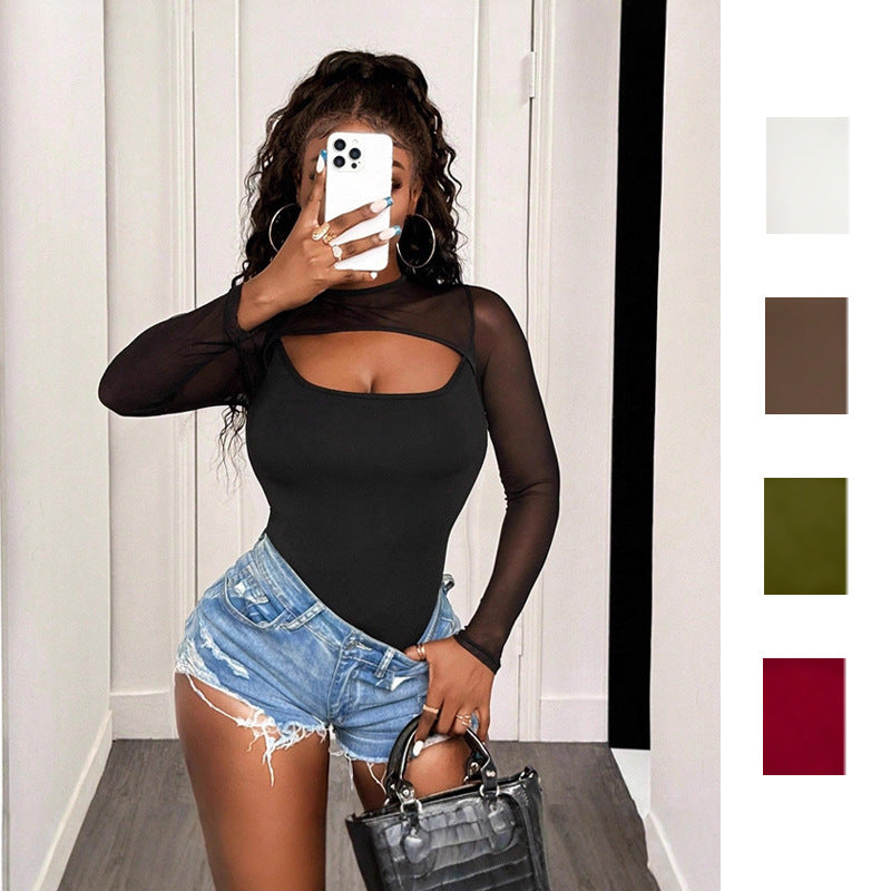 Amazon  autumn new european and american cross-border sexy mesh patchwork solid color bodysuit