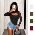 Amazon  autumn new european and american cross-border sexy mesh patchwork solid color bodysuit