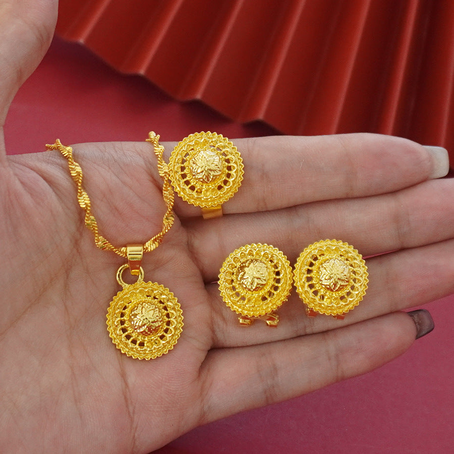 middle east hot-selling three-piece set: star design gold-plated necklace, pendant, earrings, and ring jewelry set