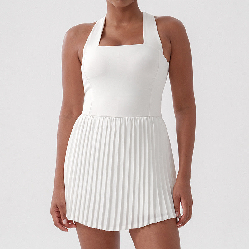 Spring/summer new anti-exposure short-sleeve one-piece tennis skirt - pleated running golf sports skirt - fashionable yoga skirt