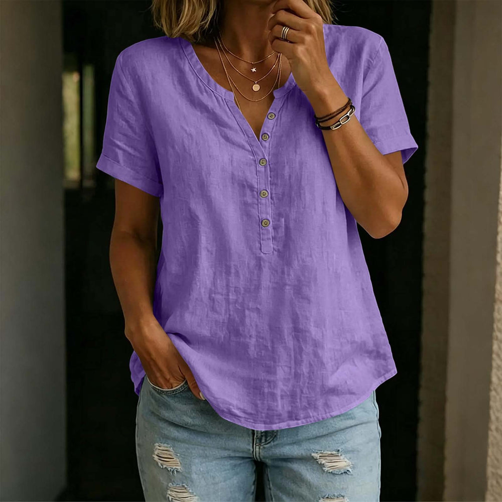 cross-border fashion  women's casual solid color cotton linen short-sleeve half-open v-neck button-down top