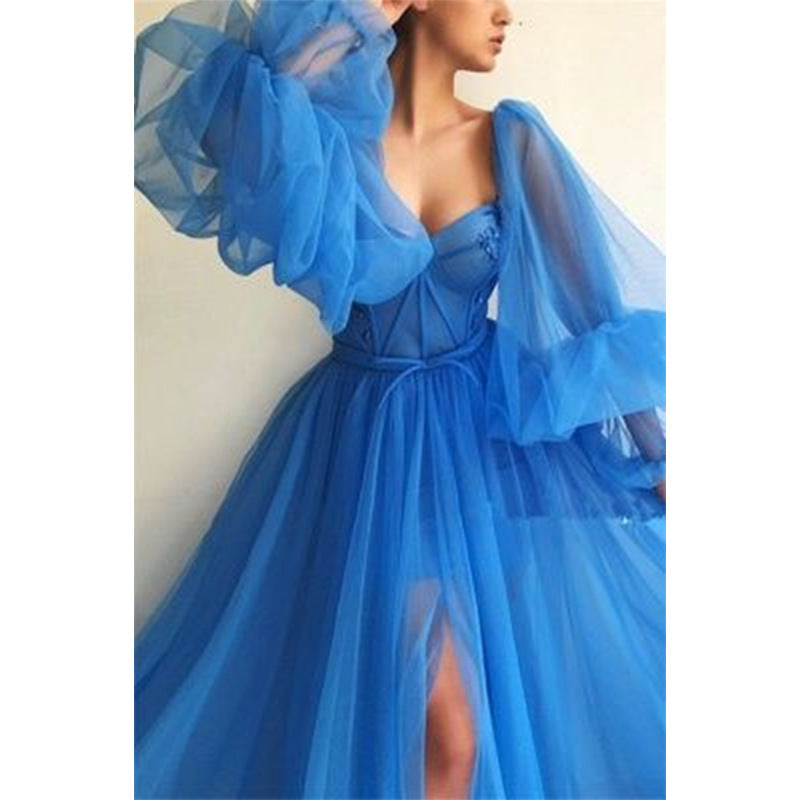 spring/summer new arrivals: european and american style one-shoulder mesh long-sleeve dress - wedding gown/large swing maxi dress