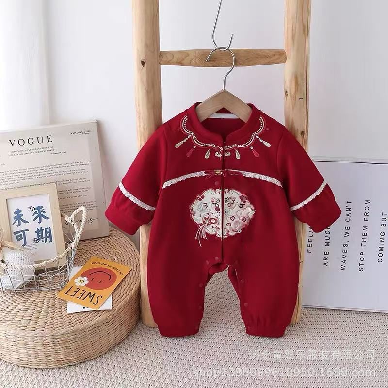 Spring & fall festive men's and women's 100-day first birthday khaki baby clothes chinoiserie formal wear one-piece baby onesie super