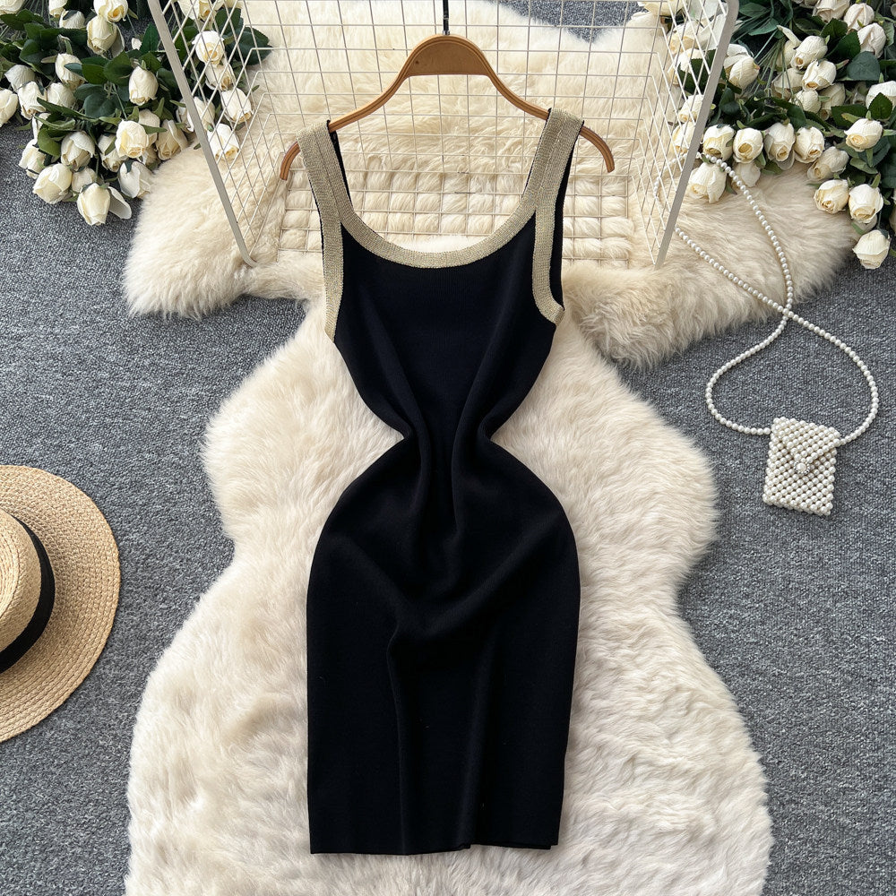 Korean style commute outfit: black sleeveless dress - slim fit, a-line knit dress with high waist for the workplace