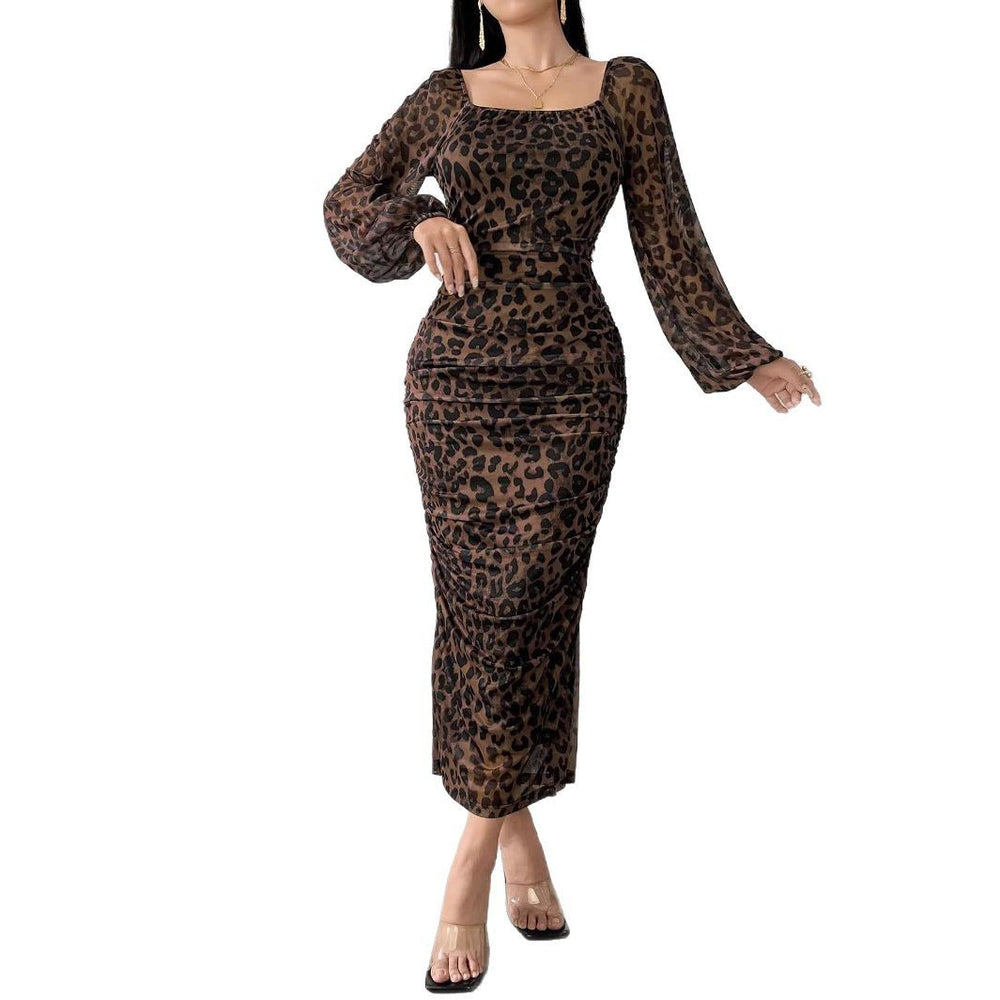 European and american tk cross-border new arrival: leopard print mesh fabric printed square neck long sleeve ruffle hem dress