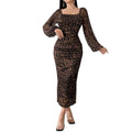 European and american tk cross-border new arrival: leopard print mesh fabric printed square neck long sleeve ruffle hem dress