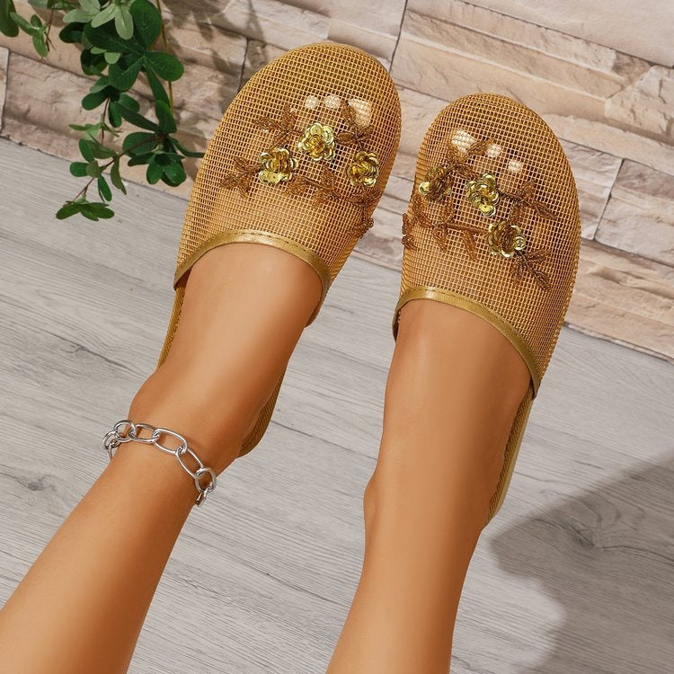 Exportembroider home shoes fashion style half-toe mule slippers leather heelless plus size toe flats shoes slippers
