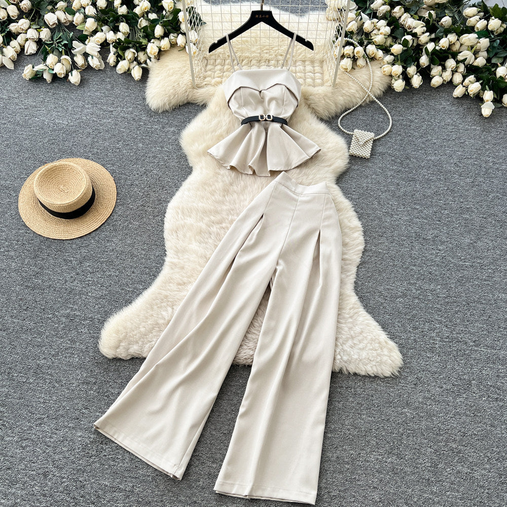 Minimalist style commuter set for women - spring/summer premium camisole & waist-cinching vest with high-waisted wide-leg pants (two-piece set)