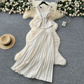 Light mature style strappy waist round neck sleeveless tops + high waistslimming look large swing pleated skirt frenchtwo-piece set