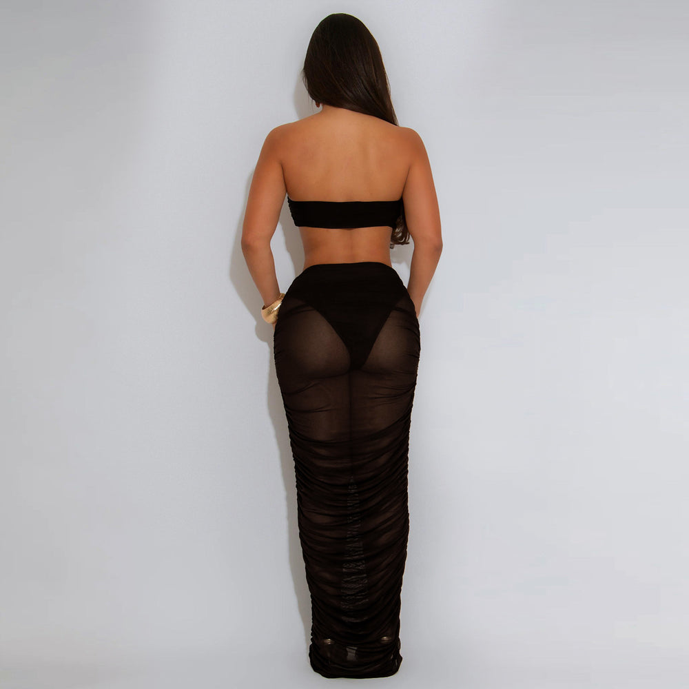 C7529 cross-border   fashion women's sexy bandeau see-through mesh maxi dress two-piece set