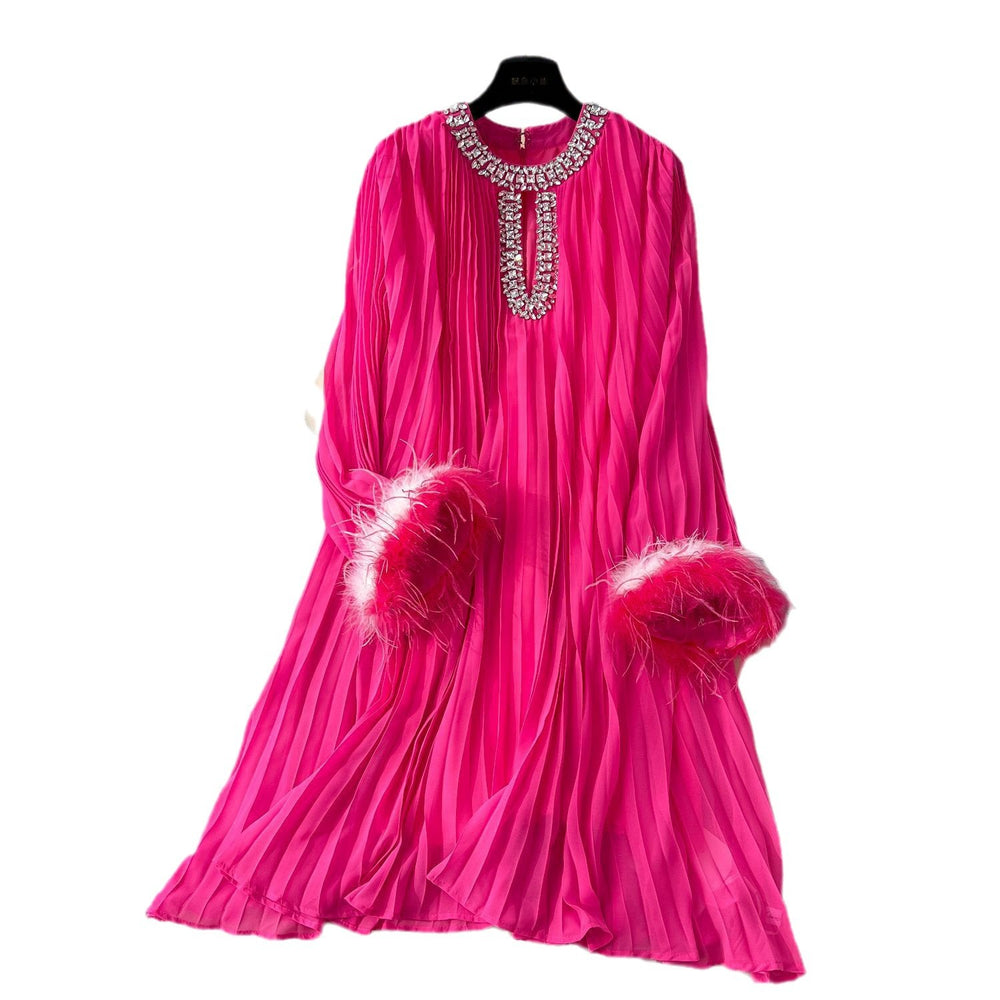 autumn european and american style round neck rhinestone embellished cutout feather trim long sleeve pleated mini dress - relaxed fit