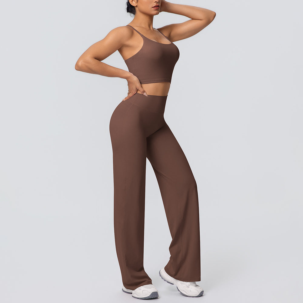 New arrival: cross-border brushed solid color racerback tight-fit breathable wide-leg yoga set - two-piece activewear for running and fitness