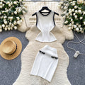 Trendy twee twee style two-piece set for women: autumn fashion color block crew neck sleeveless knit top & bodycon mini skirt