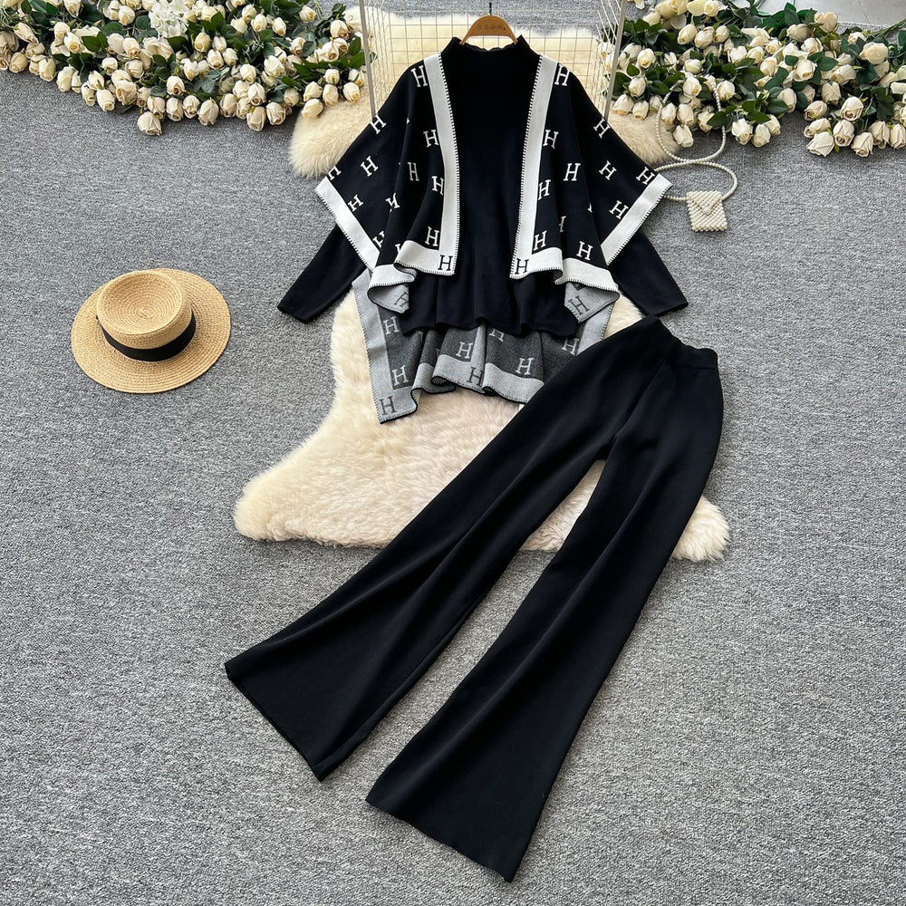 European and american fashion color block oversized shawl cardigan + turtleneck long sleeve knit top + high-waisted wide leg pants