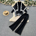 European and american fashion color block oversized shawl cardigan + turtleneck long sleeve knit top + high-waisted wide leg pants