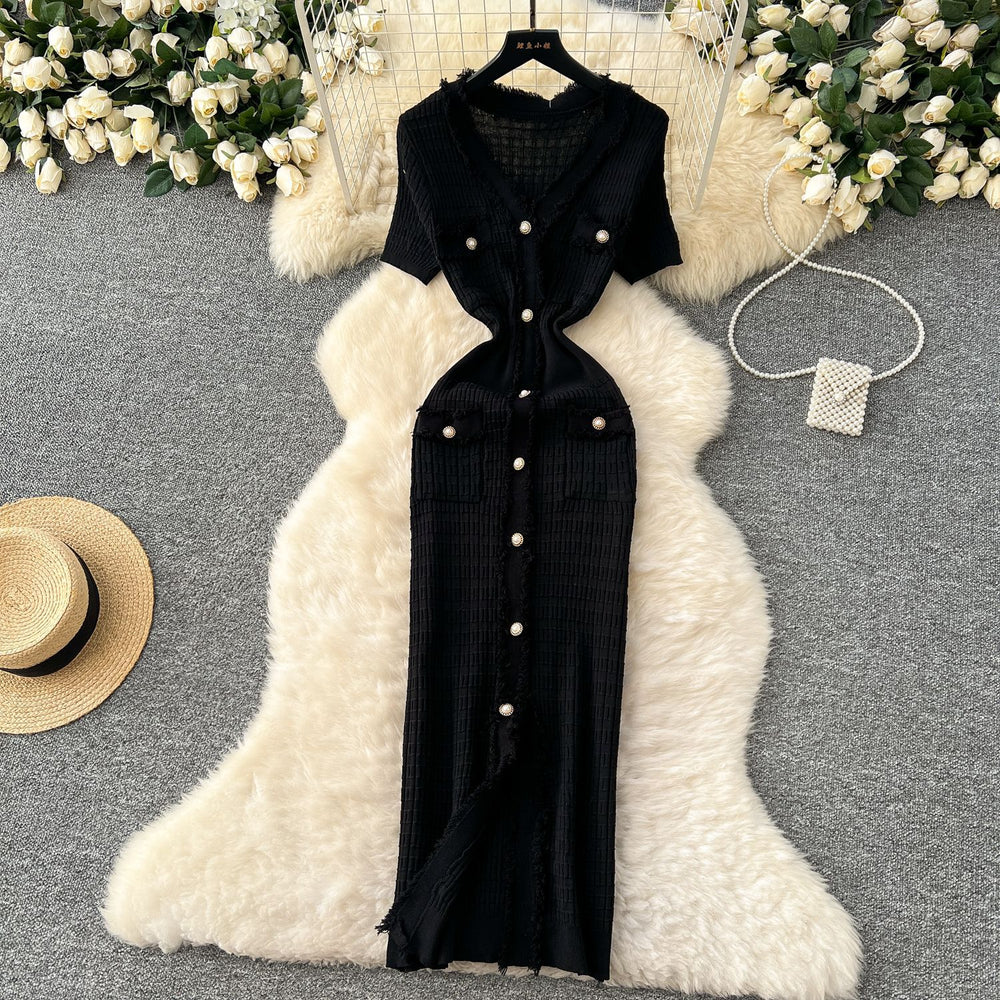 Exportelegance tweed styleretrov neck metal single breasted silmslimming lookelegant hip covering knittingdress spring