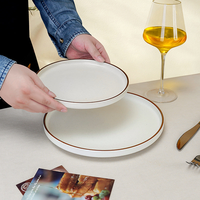 Modern casual style hand-painted stroke ceramic western food plate restaurant hotel stylish salad with edge barbecue plate brown edge plate