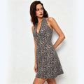 new cross-border leopard print halter dress for women - summer lace trim v-neck slimming a-line mini dress