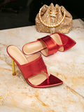 Women's red fashion slip-on stiletto heel sandals - pointed toe, split toe, minimalist party heels