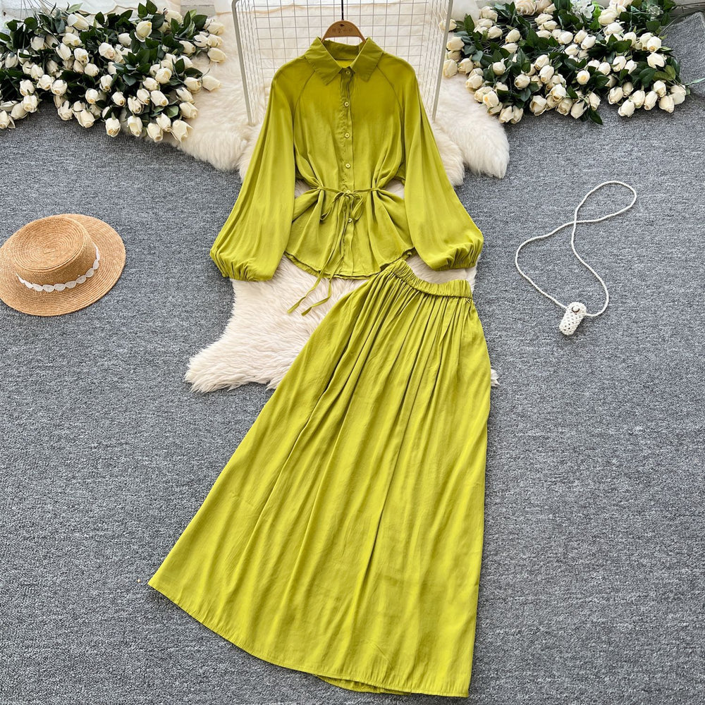 Minimalist solid color elegant women's spring outfit: bubble sleeve tie-up blouse + elastic waist slimming midi skirt