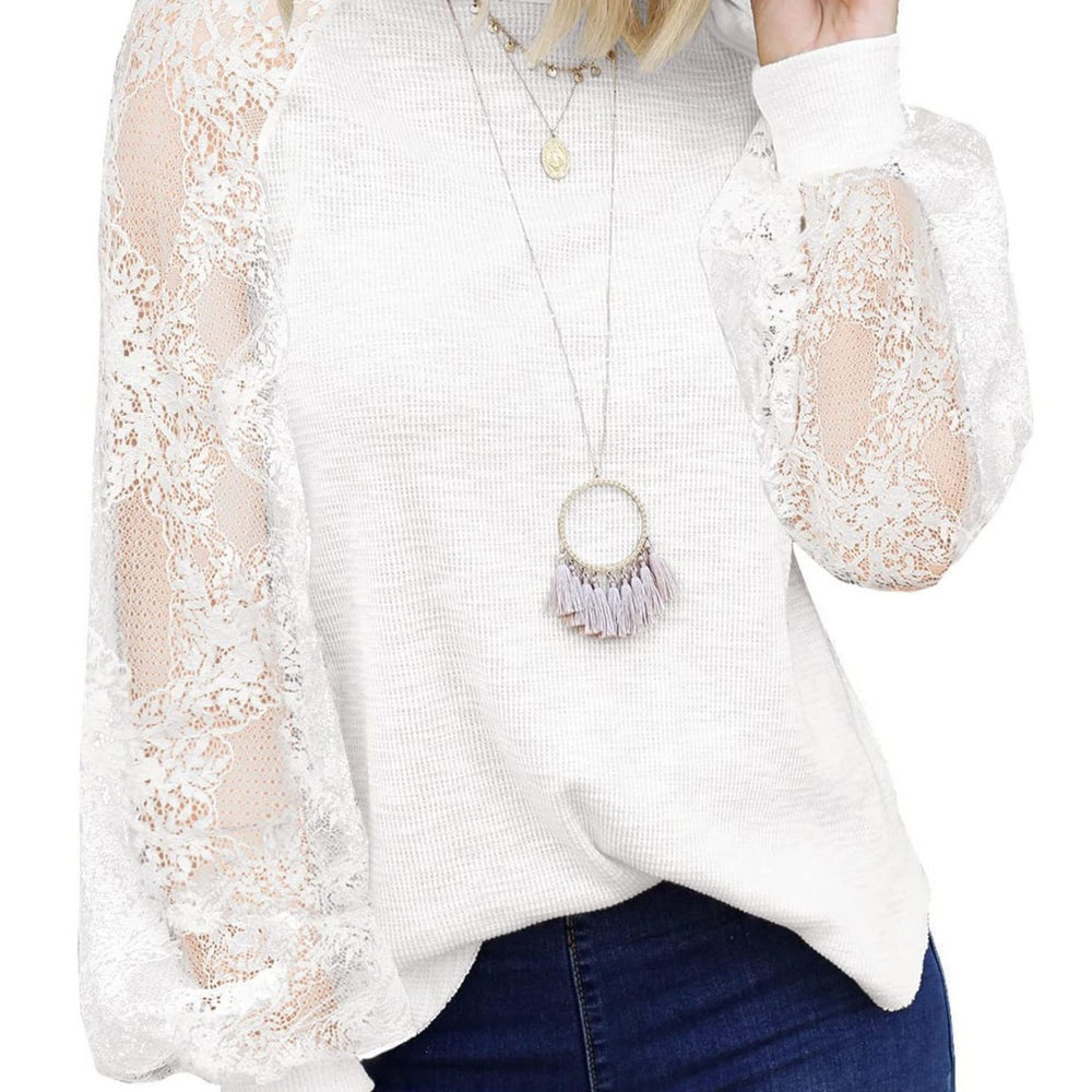 european and american export  new women's long-sleeve lace casual loose t-shirt top