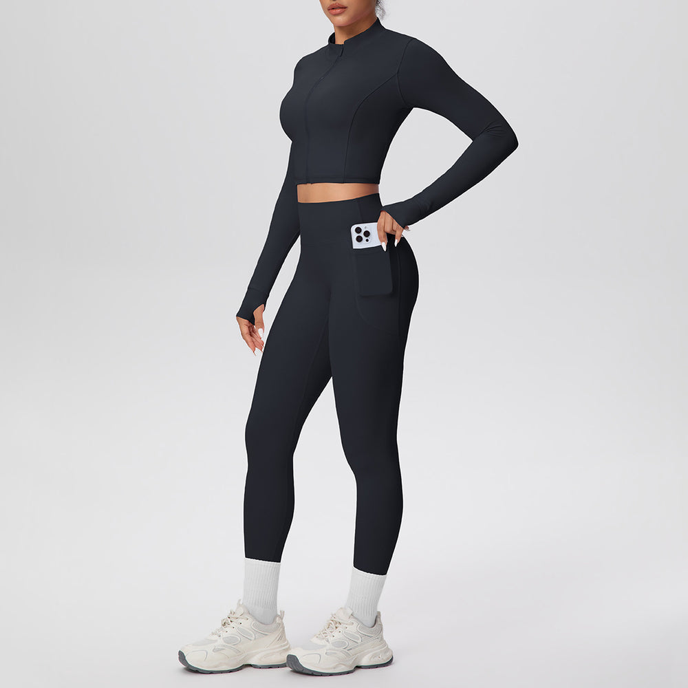Ready-to-ship cross-border solid color brushed micro-fleece short jacket & leggings set - tight fit, pocketed, perfect for running, fitness, and yoga