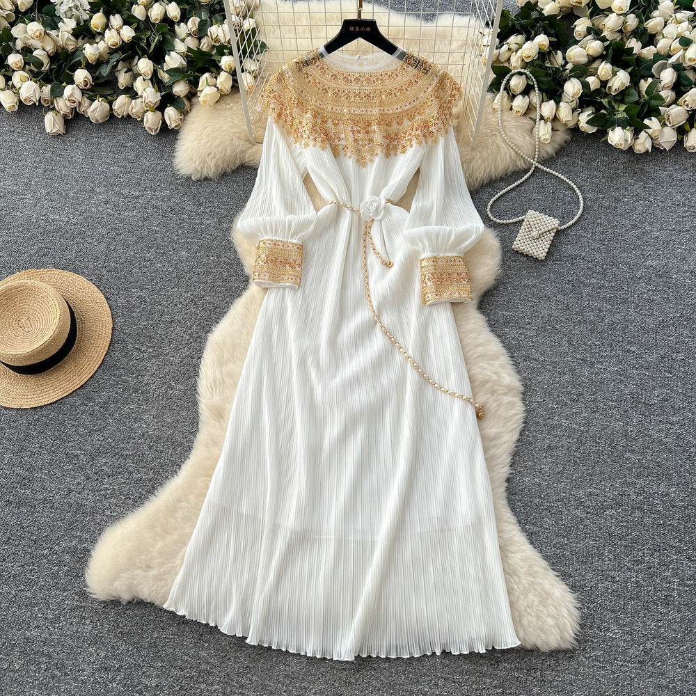Frenchclassyelegantheavy sequin embroidered beadspatchworklong sleevesdress women's strappy waist elegant pleated long skirt