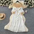 Frenchclassyelegantheavy sequin embroidered beadspatchworklong sleevesdress women's strappy waist elegant pleated long skirt