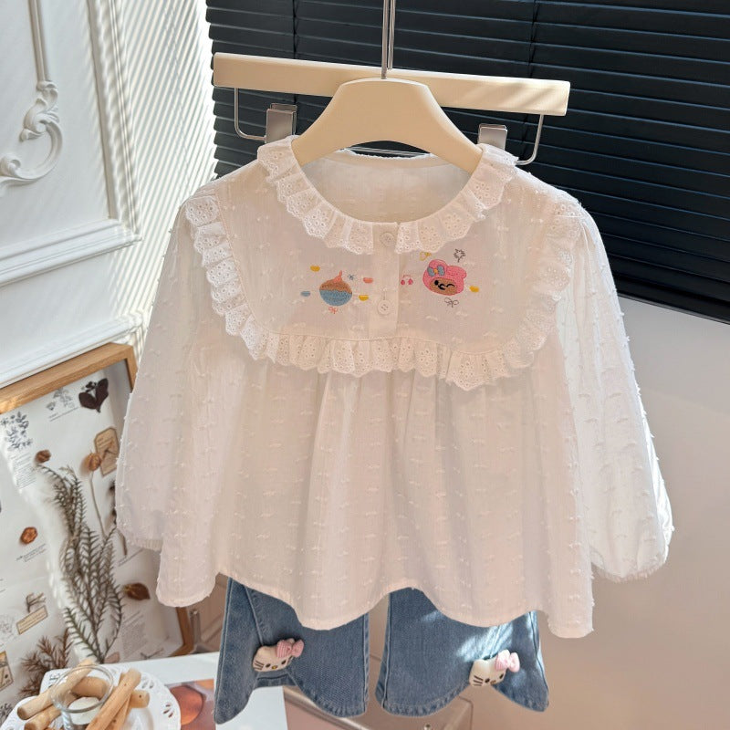 New girls' autumn outfit: versatile white embroidered shirt - korean style casual, fashionable, and trendy children's wear